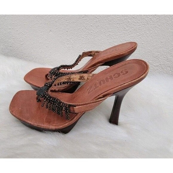 Schutz platter embellished heels sandals brown Wmns sz 6B - Picture 3 of 6